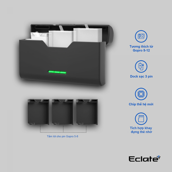 Dock sạc 3 pin Eclaté dành cho Gopro tích hợp 5/6/7/8/9/10/11/12 có khay đựng thẻ nhớ